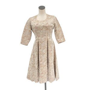 Vintage 1950s 60s Handmade Beige and Brown Embroidered Heavyweight Dress